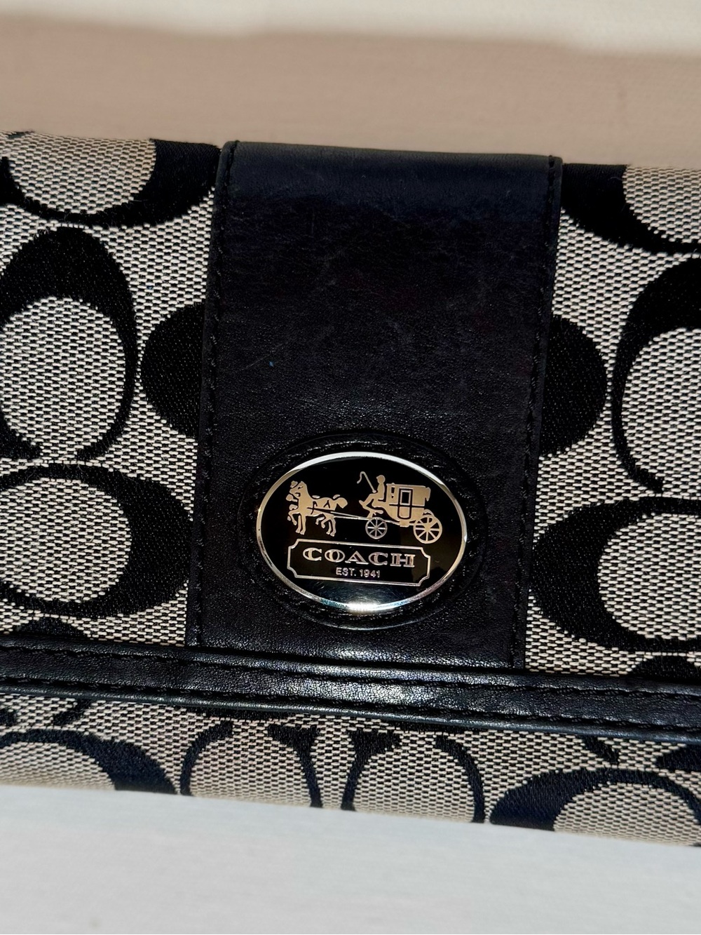 Coach Black and Cream Signature Canvas Wallet with Horse & Carriage Plaque